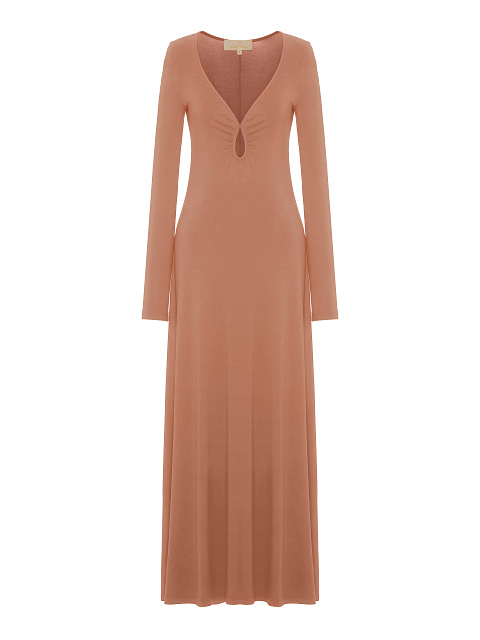Бежевое трикотажное платье-макси с фигурным вырезом, 1 Бежевое трикотажное платье-макси с фигурным вырезом, 1