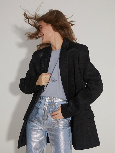 Черный однобортный жакет с люрексом, 6 Черный однобортный жакет с люрексом, 6