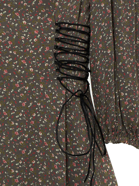 Серое платье-мини с цветочным принтом и шнуровкой на талии, 4