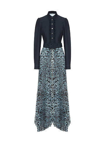Синее платье-миди с плиссированной леопардовой юбкой, 1
