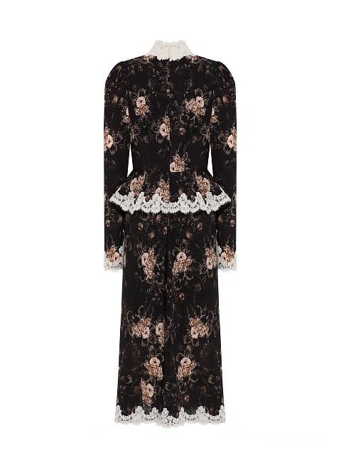 Черное платье-миди с цветочным принтом и белым кружевом, 2