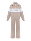 Костюм из бежевого футера с белой полосой,свитшот с вышивкой по переду/спинке,реглан,брюки прямые