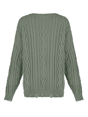 Зеленый унисекс хлопковый свитер с косами, 2