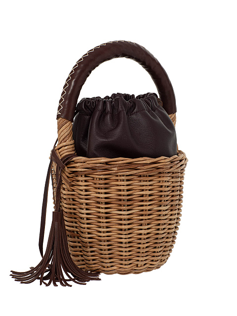 Бежевая сумка-корзина с мешочком из коричневой кожи, 2 Бежевая сумка-корзина с мешочком из коричневой кожи, 2