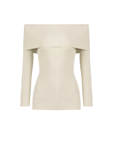 Бежевый трикотажный джемпер с открытыми плечами, 1