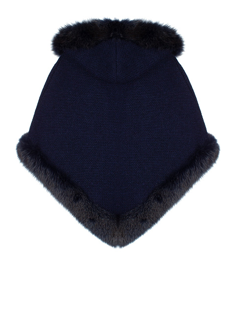 Темно-синее шерстяное пончо с мехом песца, 2