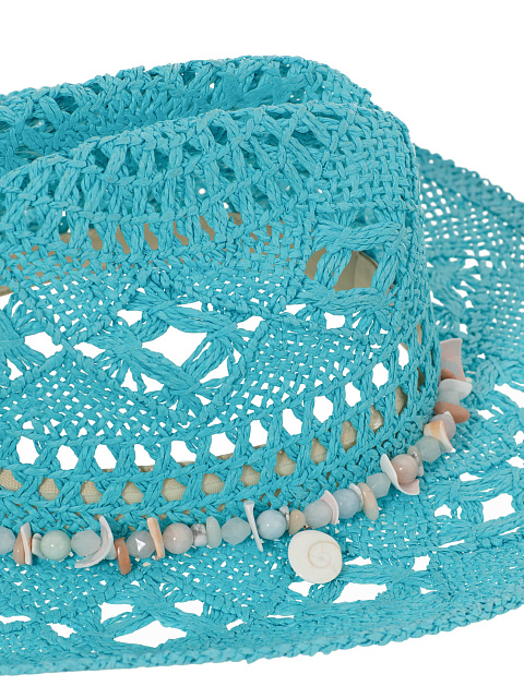 Бирюзовая соломенная шляпа с декором из берилла, лунного камня и ракушек, 4