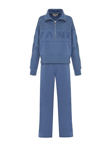 Синий монохромный трикотажный костюм с нашивкой, 1