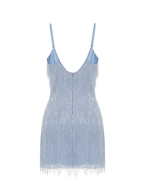 Голубое платье-мини из шифона с бахромой из бисера, 2