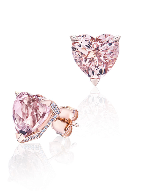 Пусеты из розового золота с морганитом в огранке «сердце» и круглыми бриллиантами, 1 Пусеты из розового золота с морганитом в огранке «сердце» и круглыми бриллиантами, 1