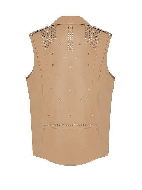 Бежевый кожаный жилет с подкладом из овчины и шипами, 2