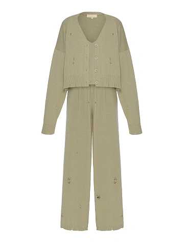 Вязаный комплект цвета хаки из кардигана, топа и брюк, 1