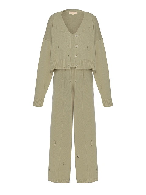 Вязаный комплект цвета хаки из кардигана, топа и брюк, 1
