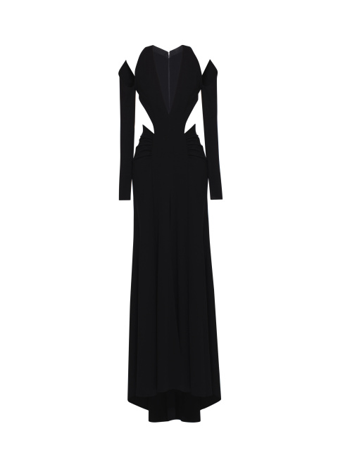 Черное платье-макси из трикотажа с фигурными вырезами, 1