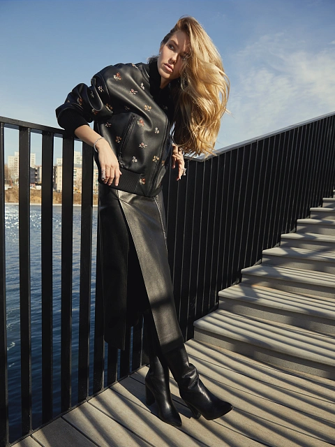 Черная кожаная юбка-миди на молнии, 7 Черная кожаная юбка-миди на молнии, 7