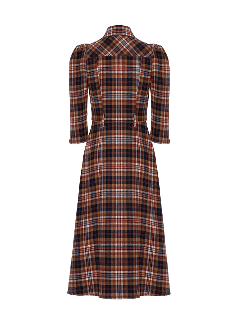 Коричнево-синее шерстяное платье-миди в клетку, 2