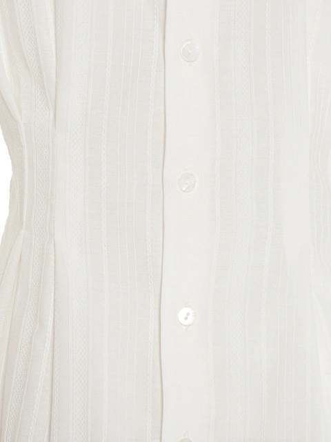 Белая блузка из хлопка в полоску с объемными рукавами, 3