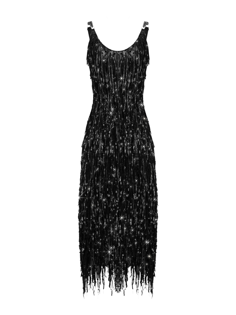 Черное платье-миди с бахромой из бисера и пайеток, 1