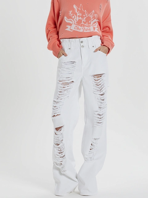 Широкие рваные джинсы белого цвета, 8 Широкие рваные джинсы белого цвета, 8