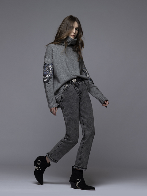 Серые вареные джинсы с асимметричной застежкой, 6