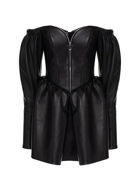 Черное платье-мини из кожи с открытыми плечами, 1