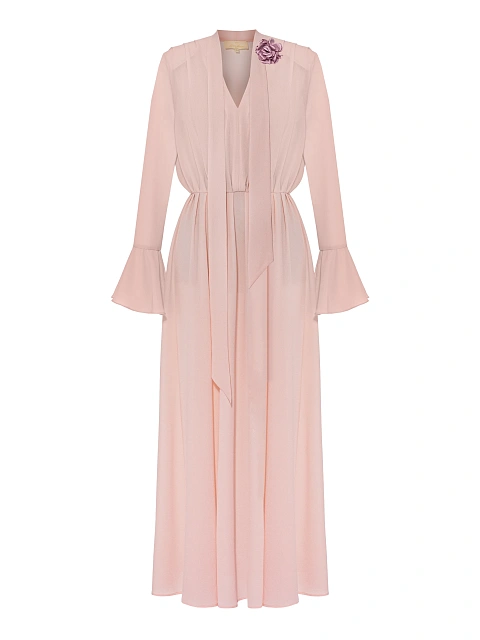 Пудровое платье-макси из шифона с розой, 1