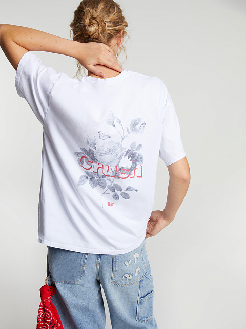 Белая хлопковая футболка с принтом на спине, 2