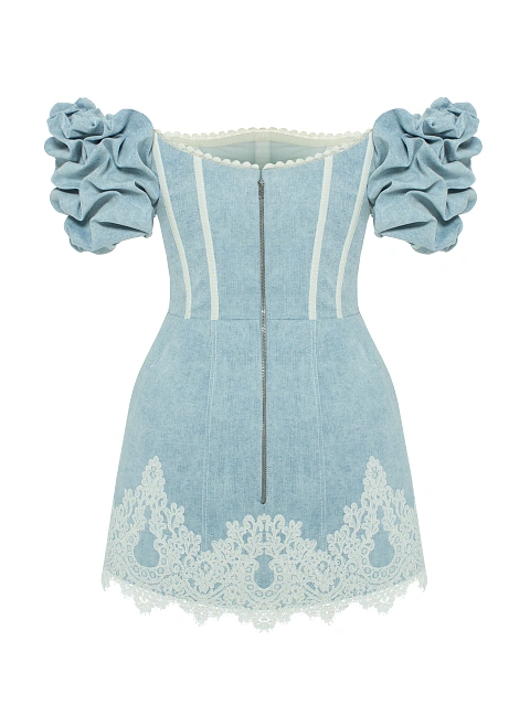 Голубое платье-мини из денима с белым кружевом, 3 Голубое платье-мини из денима с белым кружевом, 3