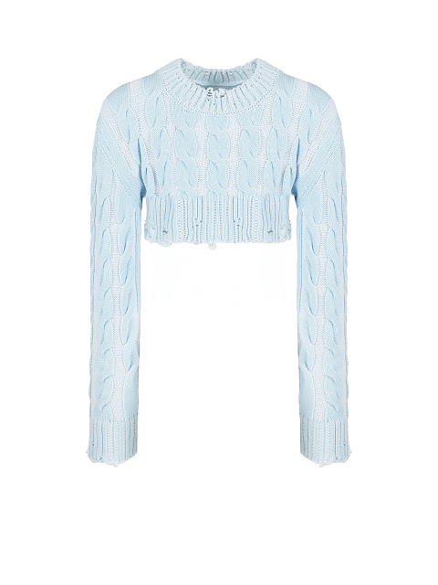 Голубой кроп-свитер с косами и разрывами, 1 Голубой кроп-свитер с косами и разрывами, 1