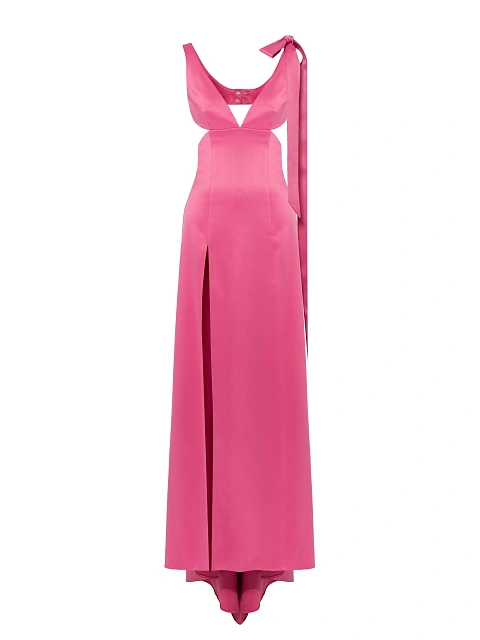 Розовое платье-макси из атласа с вырезами и шлейфом, 1