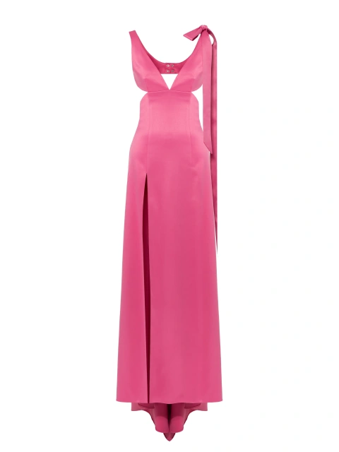 Розовое платье-макси из атласа с вырезами и шлейфом, 1