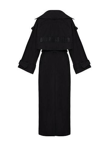 Черный двубортный тренч из хлопка с отделкой из кожи, 2