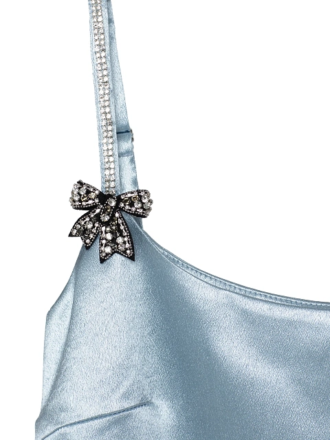 Голубое платье-мини из атласа с бантами из страз, 3