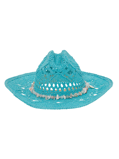 Бирюзовая соломенная шляпа с декором из берилла, лунного камня и ракушек, 2