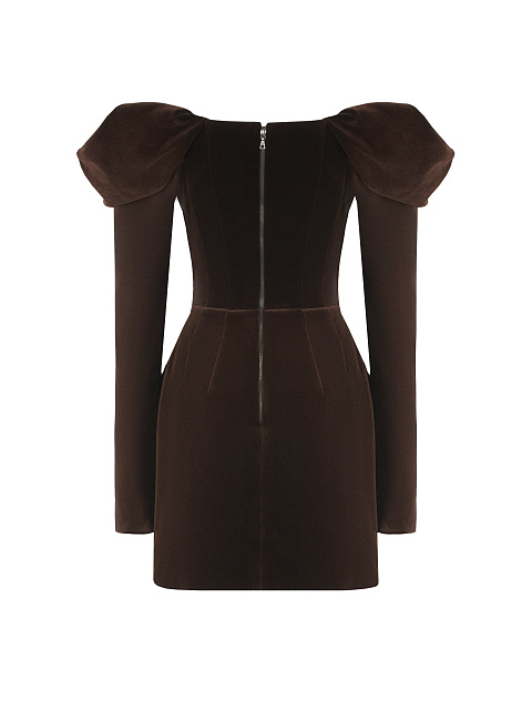 Коричневое бархатное платье-мини с вышивкой, 2