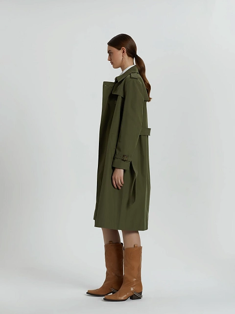 Двубортный тренч цвета хаки с поясом, 7