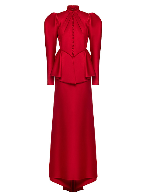 Красное шелковое платье-макси с баской, 1