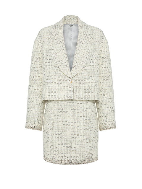 Молочно-серый твидовый костюм-двойка из жакета и юбки-мини, 1