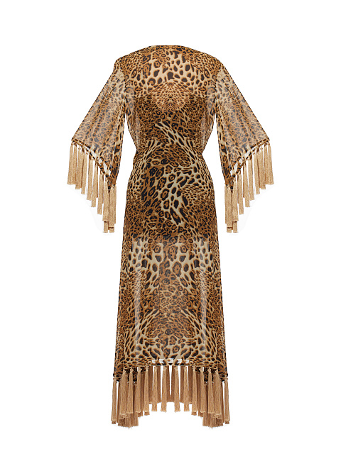 Платье-миди из шифона с леопардовым принтом и бахромой, 2 Платье-миди из шифона с леопардовым принтом и бахромой, 2