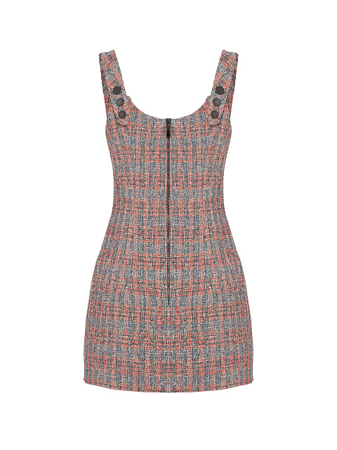 Коралловое твидовое платье-мини в клетку, 2