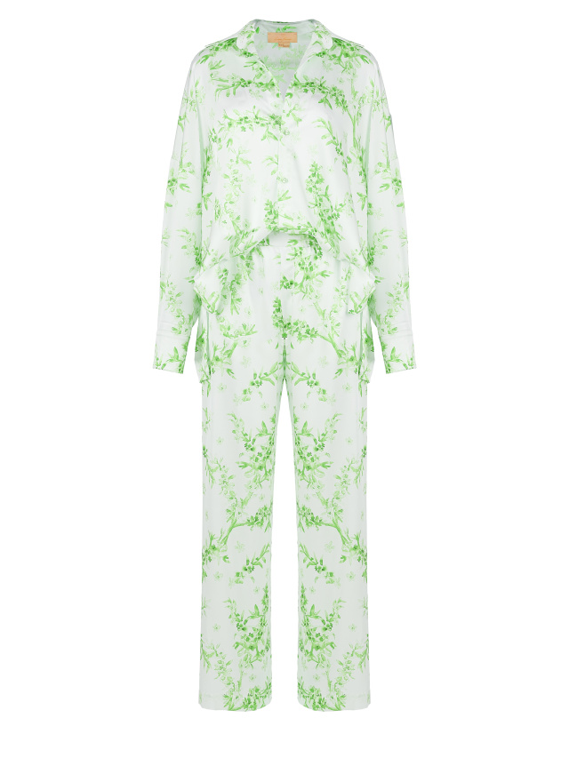 Белый шелковый костюм с зеленым цветочным принтом, 1