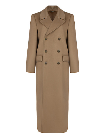 Бежевое шерстяное двубортное пальто, 1
