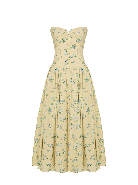 Желтое платье-миди из хлопка с цветочным принтом, 1