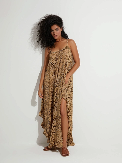 Коричневый сарафан из вискозы с анималистичным принтом, 2