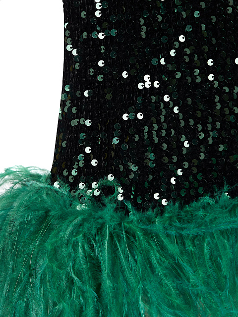 Черное бархатное платье-мини в пайетках с зеленым боа, 3