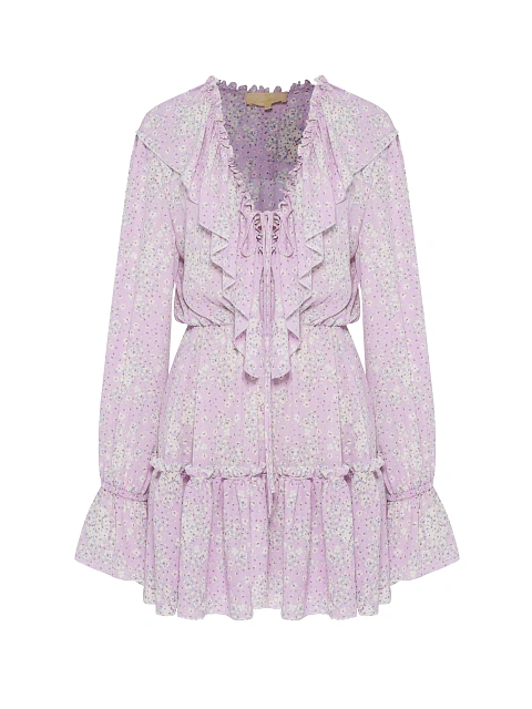 Сиреневое платье-мини с цветочным принтом и воланами, 1