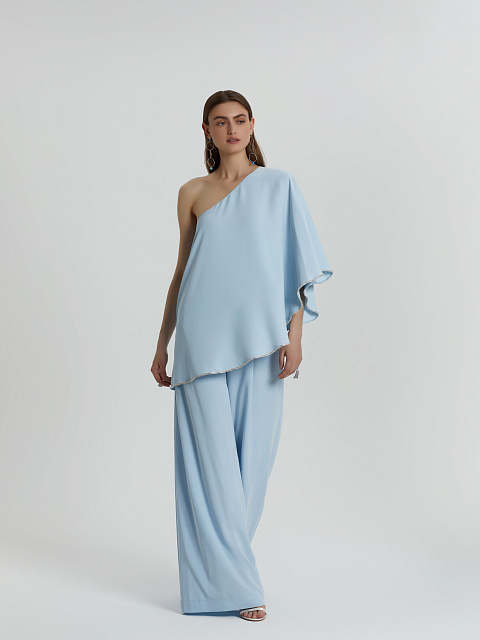 Голубое асимметричное платье-мини со стразами, 6