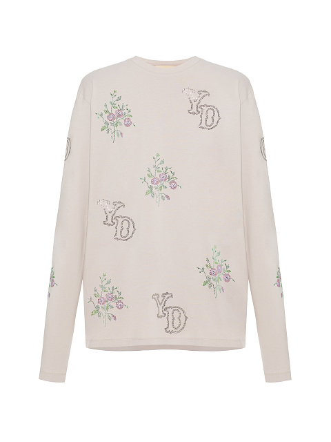 Бежевый лонгслив из хлопка со стразами, 1 Бежевый лонгслив из хлопка со стразами, 1