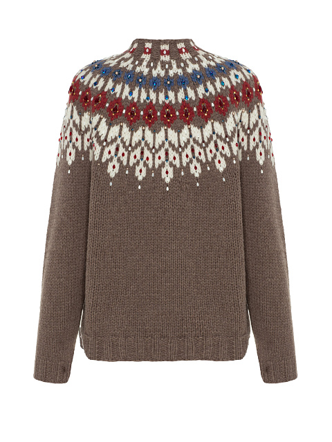 Коричневый кашемировый свитер с узором и жемчугом, 2