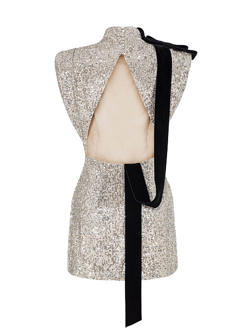 Серебристое платье-мини в пайетках с бархатным бантом, 6